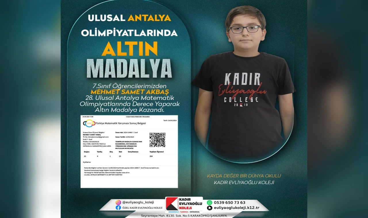 Kadir Evliyaoğlu Koleji, Matematik Olimpiyatları'nda Yine Zirvede