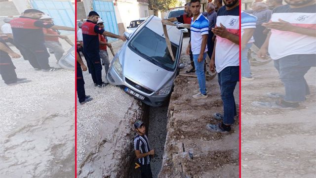 Suruç’ta bir araç altyapı çalışması yapılan çukura düştü