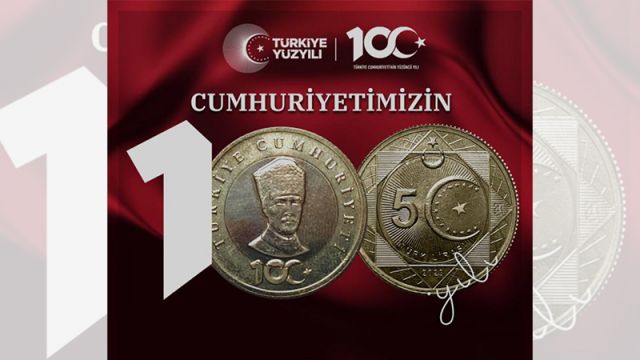 Cumhuriyet'in 100. yılı anısına basılan madeni 5 TL tedavülde