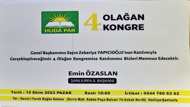 HÜDA PAR Şanlıurfa'da 4. Olağan Kongresini Yapacak