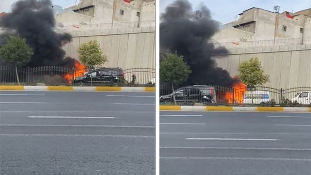 Seyir halindeki minibüs alev aldı