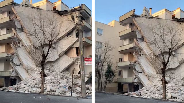 Yıkılmayı bekleyen bina kendiliğinden çöktü