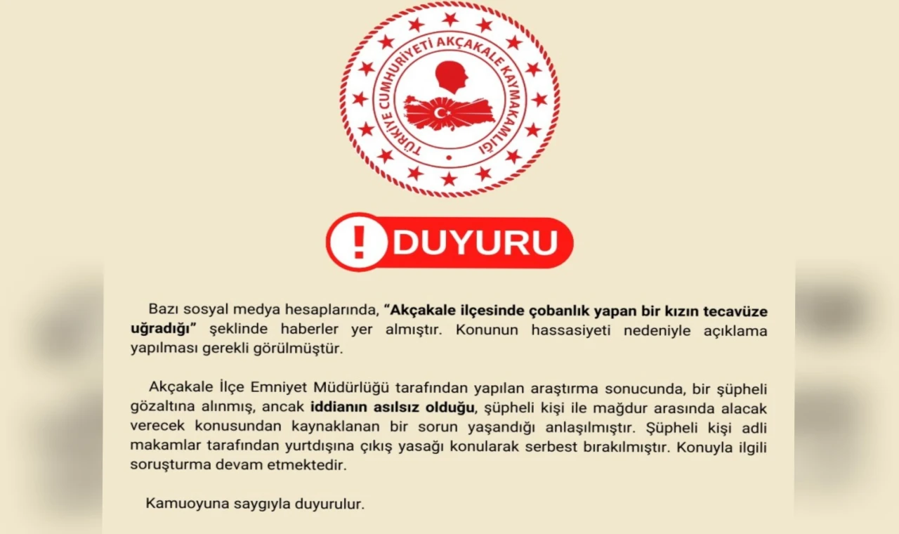 Akçakale Kaymakamlığı, tecavüz olayını yalanladı