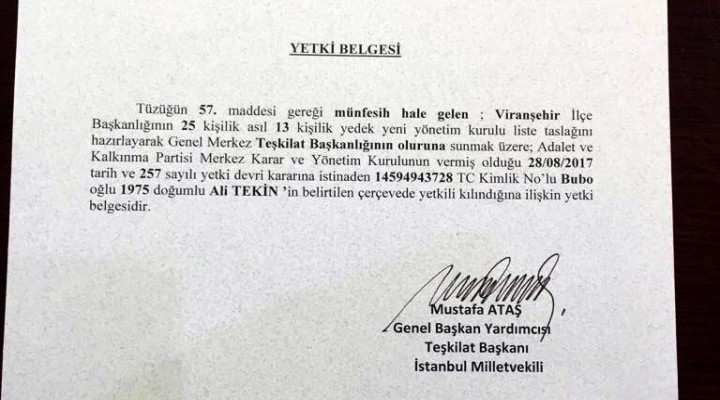 AK Parti Viranşehir İlçe Başkanı yetki belgesini aldı